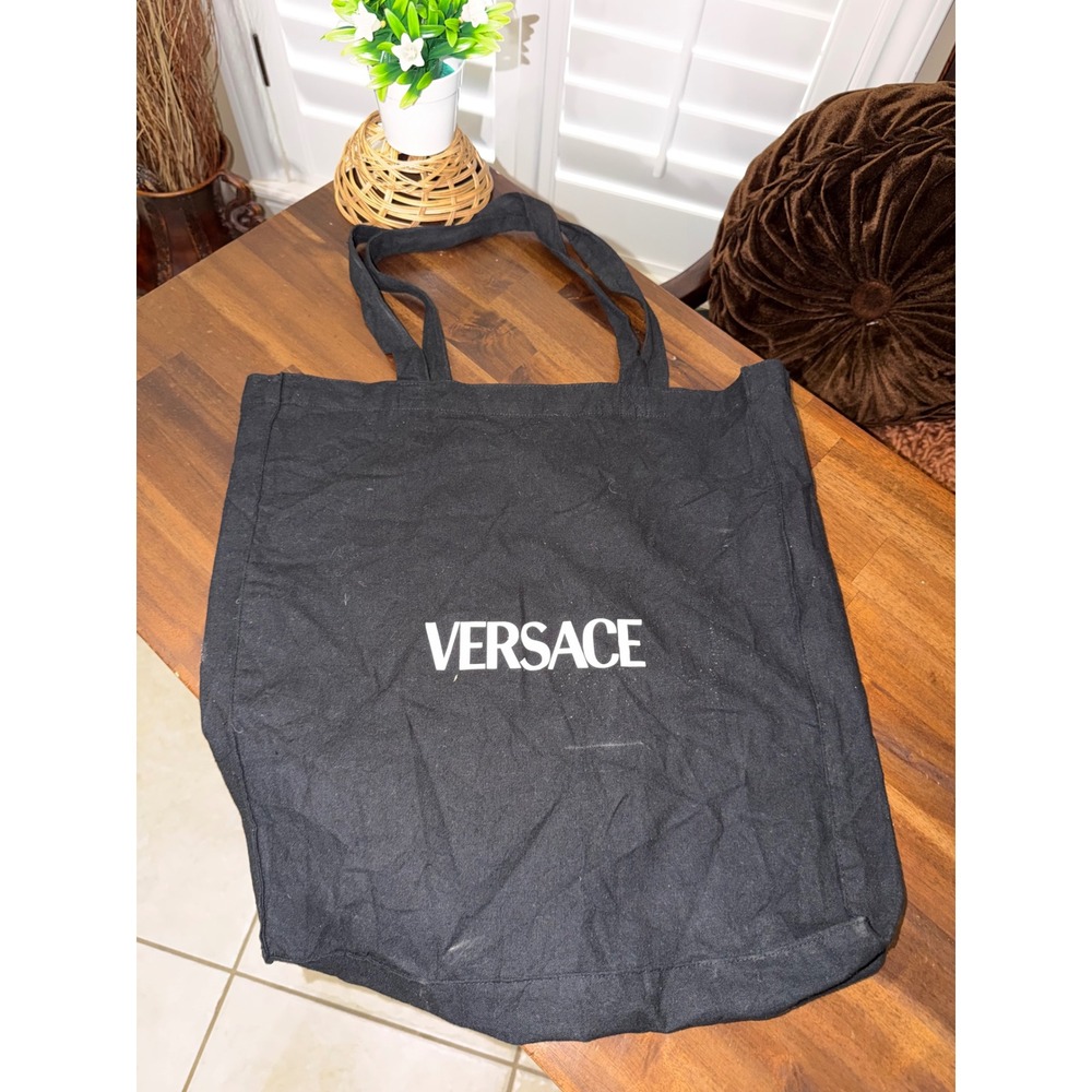 Versace Parfums Black Canvas Tote Bag Logo Shopper Everyday Carry